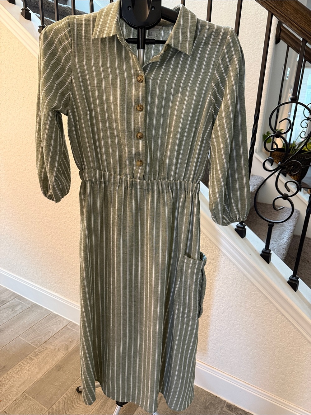 Cato Olive Green & White Striped Collared Dress